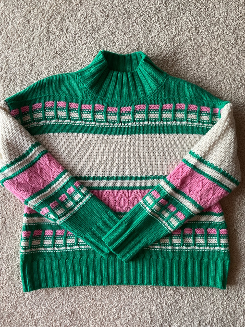 Altar’d State Women's Green Pink & Cream Patterned Knit Sweater Women Size XS